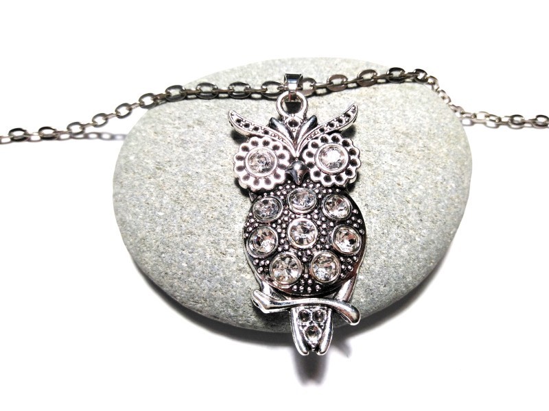 Necklace + pendant, silver Owl owls jewel wicca witch witchcraft pagan night