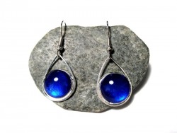 Silver Earrings, Metallic blue silver pendants hand-painted jewel elegant chic