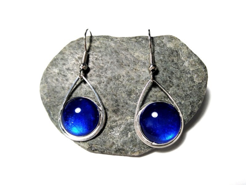 Silver Earrings, Metallic blue silver pendants hand-painted jewel elegant chic