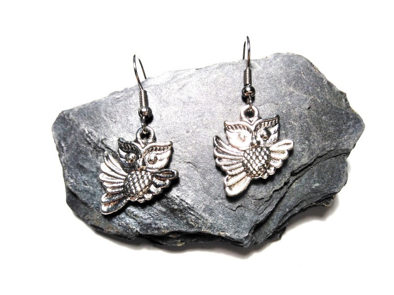 Silver Earrings, Owl pendants owls jewel wicca witch witchcraft pagan night