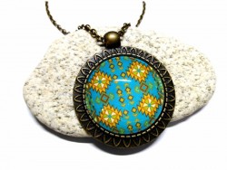 Necklace & Aztec tapestry pattern turquoise Bronze pendant, Aztec jewel ethnic fabric ancient art boho cabochon design