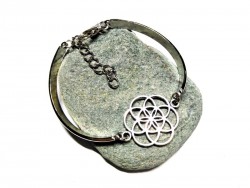 Bracelet tiges acier inox, motif Graine de vie, métal argenté, bijou spiritualité pour femme