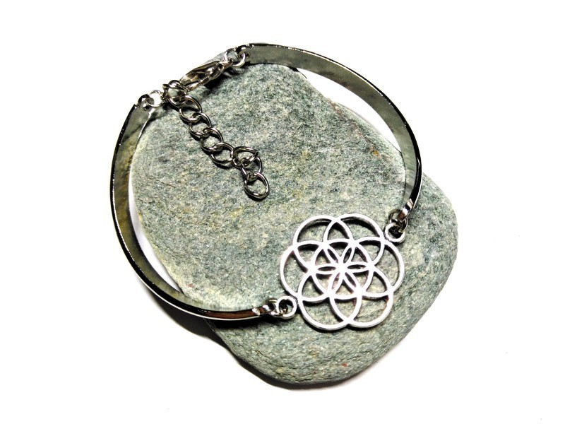 Bracelet tiges acier inox, motif Graine de vie, métal argenté, bijou spiritualité pour femme