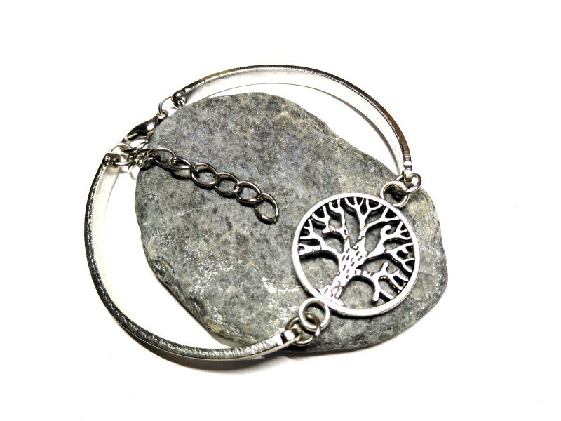 Bracelet jonc Arbre de vie en cercle, métal acier inoxydable argent, bijou féminin spiritualité La Blanche Hermine