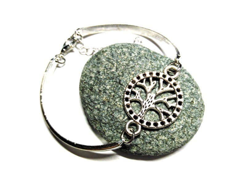 Bracelet jonc Arbre de vie perlé, métal acier inoxydable argent, bijou féminin spiritualité La Blanche Hermine