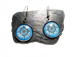 Boucles d'oreilles argent, pendentif Rose des vents bleu ciel bijou vintage cosplay mer océan design bohème renaissance